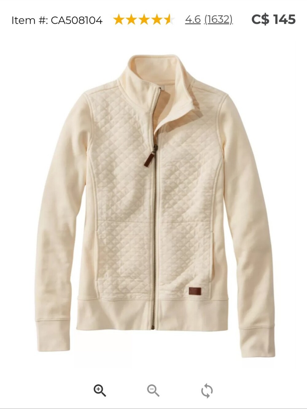 L.l. Bean Women's Quilted Full-Zip Sweatshirt Cream Small New